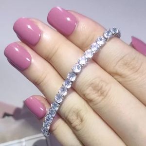 Vòng Tay Bạc Sang Trọng Màu Bạc Dành Cho Nữ Đính Đá Zirconia Hình Tròn Kiểu Dây Xích Trang Sức Cổ Điển Thiết Kế Gài Móng Phụ Kiện Thời Trang.