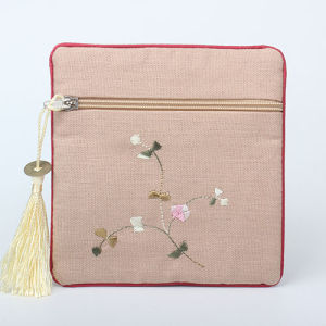 Cotton and Linen Embroidery Bracelet Bag Beeswax Crystal Jade Bag Card Holder Coin Purse Silk Pouch Hand Bead Buddha Beads Square Zipper Bag