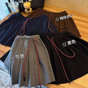 Contrast Color Fancy Drawstring High Waist Knit Skirt for Women Fall and Winter Super Nice A- line Skirt Retro Pleated Skirt