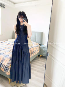 Creambaby Studio Retro Denim Blue Sleeveless Vest Women Summer Outerwear High Waist Mini Skirt Two-Piece Set for plus Size