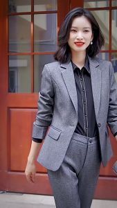 Cosuits High Quality Hitam Long Sleeve Grey Formal Blazer Women Office Coat Jacket With Front Pockets Black Size S-4XL