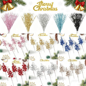 5Pcs Christmas Decoration Artificial Glitter Berry Stem Xmas Tree Hanging Ornaments New Year Craft Flower Wreath Gift Navidad