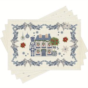VIKAMA 4/6PC Christmas Mat Blue and White Winter Leaves Snowflake Christmas House Nutcracker Table Theme Restaurant Decoration