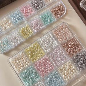 12Grids 3D Hight-Glossy Round Pearls Nail Charms Mixed-Sizes Dopamine Colors Pearl Beads Nails Art Decoration DIY Manicure Parts