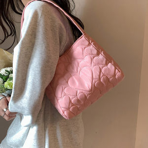 Trendy Nylon Heart Shaped Womens Bag 2023 New Style Versatile Single Shoulder Bag Underarm Lunch Bag Bucket Shape Soft Handbag