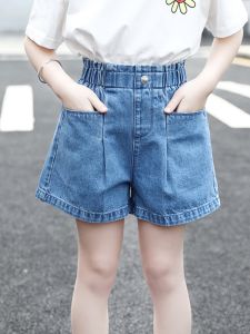 กางเกงขาสั้นยีนส์เอวสูงสำหรับเด็กผู้หญิง แฟชั่นฤดูร้อน ทรงหลวม ผ้าฝ้ายผสมโพลีเอสเตอร์ ปกติ ไม่มีแบรนด์