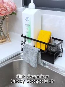 Sponge Holder for Kitchen Sink Adhesive Kitchen Sink Organizer for Brush/Dish Cloth/Sink Stopper Sponge Drainer Rack with Drainage to Keep Kitchen Bathroom Dry