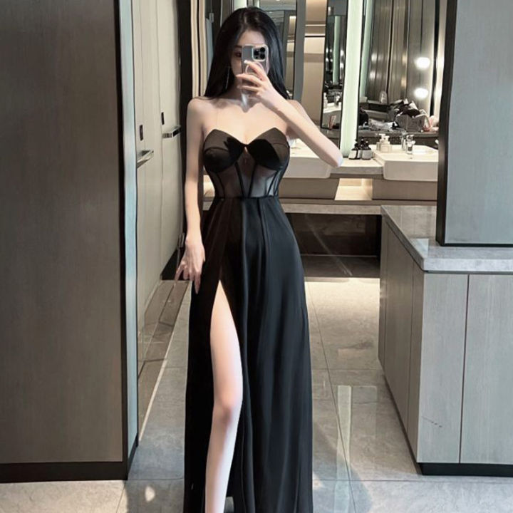 Women Tube Top Dress Sexy Bodysuit Dress High Waist Slit See Through Black  Cocktail Party Gown Long Dress 