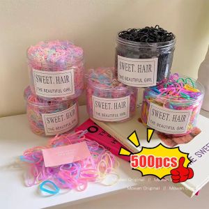 【Free Gift】500/Can Womens Disposable High-Elastic Hair Tie Fashion Canned Rubber Bands Bottle Disposable Rubber Band Colorful Elastic Hair Tie Hair Rope Bottle Pack for Kids Girls Hair Accessories