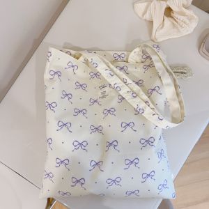 Korean Style Purple Butterfly Knot Floral Canvas Bag Cotton Bag Sweet Cute Underarm Bag Versatile Womens Bag Student