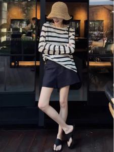 French Style Black Stripes Shoulder Long Sleeves Ice Silk Mask T-Shirt Air Conditioning Shirt for Women Summer Loose Blouse