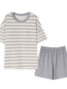 Summer Sport Stripe Sleepwear Womens Thin Half Sleeve Short Sleeve Home Clothes Two Piece Set Can Be Worn outside with Chest Pad