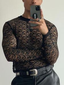 เสื้อยืดคอกลมแขนยาวทรงหลวมสำหรับผู้ชาย เสื้อชั้นในชายผ้าลูกไม้โปร่งใส แฟชั่นฤดูใบไม้ผลิและฤดูร้อน 2025