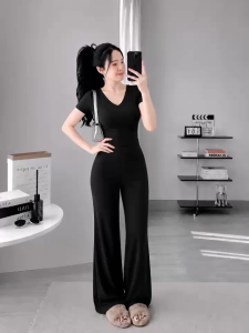 Set áo cổ tim tay ngắn kèm quần dài ống rộng KVYBODY S83 chất thun cotton borip lụa dày mịn co giãn
