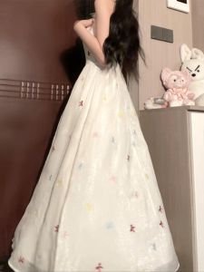 French Sweet Small Size Floral Print Halter Dress Women Summer New Gentle Waist Cinching Slimming Midi Skirt High Waist A-Line Dress