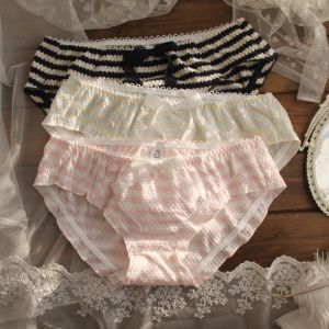 แพ็ค3ตัวกางเกงในผ้าฝ้ายล้วนสไตล์ญี่ปุ่นกางเกงในทรงสามเหลี่ยมเอวต่ำสำหรับนักเรียนโบว์น่ารักใส่สบายระบายอากาศสดใสน่ารัก