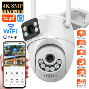 Tuya 8MP HD WiFi PTZ Camera Outdoor Dual Lens Dual Screen AI Auto Tracking IP Camera Support Color Night Vision Function  CCTV