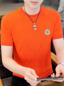 HENGYUANXIANG | High-End Ice Silk Knitted Short Sleeve Round Neck Mens T-Shirt Summer Cool Feeling Lightweight Modern Style Standard Fit Youth Fashion