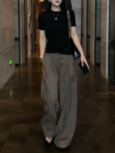 Womens Loose Wide Leg Pants Folded Design Conceal Hip Autumn New High Waist Draping Floor-Length Casual Pants Coffee Color