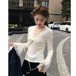 YUEZHONGWEI | V-neck Lace Twist Design Womens Blouse