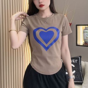 Summer 2023 Womens round Neck Short Sleeve T-Shirt Heart Print Slimming Versatile Top Korean Style Commute Fashion Creative Design
