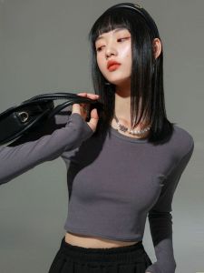 Miiow | Gray Base Layer Shirt Womens Outerwear Spring Autumn Slimming Short Long Sleeve Round Neck Top Cat Person MiiOW Trendy Style