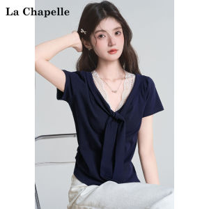 La Chapelle | Pseudo Two-Piece V-Neck Lace Insert T-Shirt