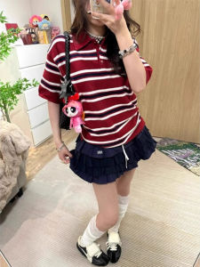SHUQINGLAI | Retro Stripe Polo Neck Knit T-shirt Ice Silk