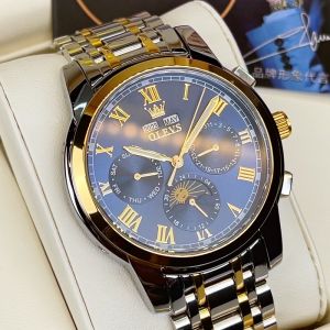 PLAYBOY/OLEVS ของแท้นาฬิกาผู้ชายกันน้ำใหม่มัลติฟังก์ชั่ผู้ชายนาฬิกากลไกส่องสว่างหน้าปัดตลอดปฏิทินวันและข้างขึ้นข้างแรมนาฬิกา