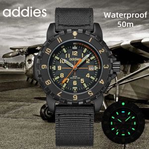 addies | ADDIES Men Watch 25cm Nylon Strap 50M Water Resistance Luminous Tube Display Military Outdoor Sporty Quartz Wristwatch Auto Date