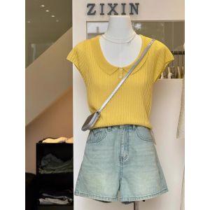 HUOLISI | Yellow Linen and Ice Silk Short Sleeve Flounce Collar T-shirt