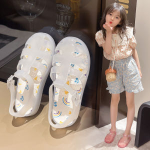 80s Retro Plastic Sandals for Girls Beach Shoes Roman Jelly Slip-On Kids Footwear Princess Style T-Strap Non- Waterproof