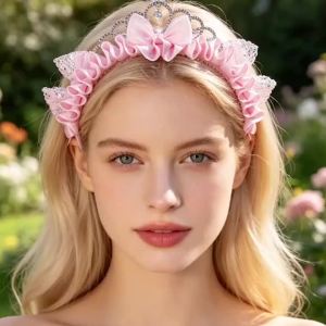 Childrens Pink Princess Crown Hairband - Little Girl Sequined Cat Ears Bow Hairband - Birthday Party Performance Headwear