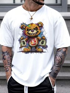 New mens summer loose outdoor breathable comfortable T-shirt cartoon bear print pattern casual sports round neck top