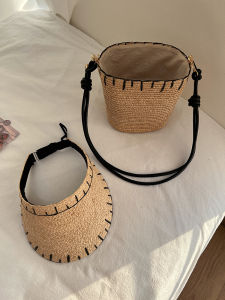 Ladies Summer Outdoor Sunshade Straw Bag Hat Empty Top Beach Holiday Style Single Shoulder Bag Casual Simple Style Bucket Shape