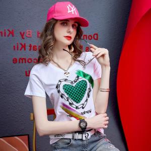 เสื้อยืดแขนสั้นพิมพ์ลายแฟชั่นฤดูร้อนสำหรับผู้หญิง ทรงสลิมฟิต สีขาว คอกลม ความยาวปกติ เสื้อยืดผู้หญิง