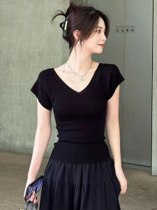 Slim Fit Ice Silk V Neck Short Sleeve T Shirt Womens Fashion Summer Knitted Top Lightweight Breathable Solid Color
