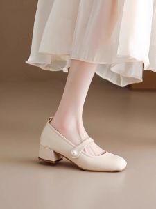 Elegant Soft Bottom mid Heel Womens Shoes Spring Autumn Mary Jane Fashionable French Thick Heel Casual Style Synthetic Leather Inner