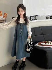 Fashionable Girls Denim Overalls Spring Autumn Organic Cotton Casual Dress Big Kids Medium Children Trendy Skirt for Ages 6-14