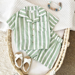 2Pcs Set Newborn Baby Boy Girl Striped Lapel Button Up Shirt Top+Shorts Summer Infant Toddler Outfit Sweatshirt Kids Clothes
