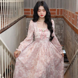 French Sweet Floral Long Sleeve Womens Dress Autumn High Waist Gentle Fairy Skirt Commute Vintage Style Mid-Length A-Line Dress
