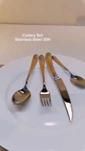 Cutlery Set Alat Makan Stainless Steel Premium Tebal dengan Tekstur Emas Desain Mewah dan Elegan