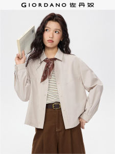 Giordano Womens Loose Fit Long Sleeve Cotton Shirt Casual Style Button up Classic Color Pure Cotton Comfortable Shirt