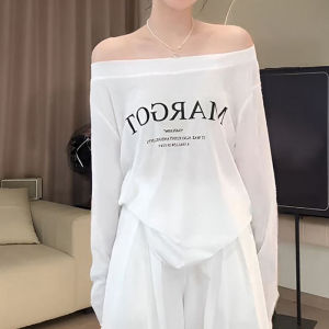 Shalldoer | Elegant Summer Womens Two-Piece Set Long Sleeve T-Shirt High Waist Wide Leg Pants Korean Style Lazy Shoulder Fashion