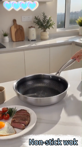 Nipiin Stainless Steel Honrycomb Wok Pan Frying Pan Non-Stick Scratch-proof Pan Heat-Resistant
