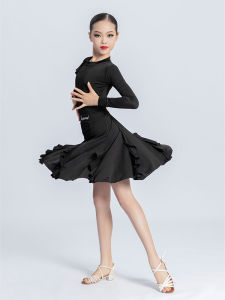Latin Dance Wear Childrens Autumn and Winter Suit Lace Long-Sleeved Tops New Arrival Girl Large Swing Skirt Exercise Clothing Performance Costume
