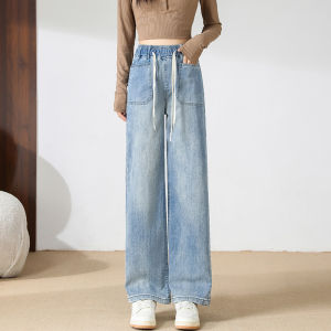 Girls Straight Leg Jeans Elastic Waistband Stretchy Middle School Students Loose Wide Leg Pants Spring Summer High Waist Long Trousers