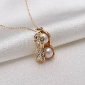 Multi-Color Plated Peanut Shaped Pearl Pendant Necklace For Women - Zircon Inlaid Cute Nut Design Chain Jewelry