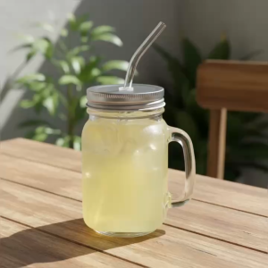 Ly Thuỷ Tinh Có Quai 450ml Kèm Nắp – Ly Uống Trà Sữa Sinh Tố