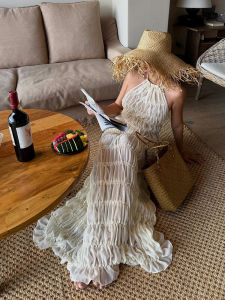 Váy Không Tay Hở Lưng Hai Mảnh Thiết Kế Độc Đáo Đi Biển Chụp Ảnh Váy Chữ a Cạp Cao Mùa Hè Váy Mùa Hè Không Tay Dài